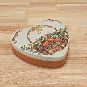Potpourri Press Heart Shaped Metal Tin Container with Lid Floral Fruit Basket
